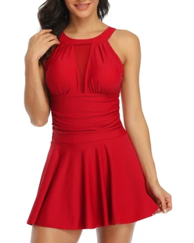 

Womens Swim Dress Swimsuit Womens One Piece Swimsuits Halter Plunge Mesh Ruched Bathing Suit Tummy Control Swimwear Swimdress