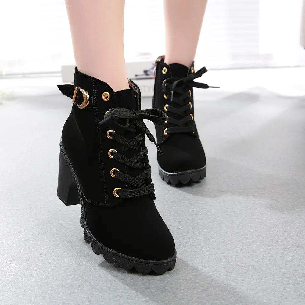 Mejores Ofertas Botas con cordones para mujer, zapatos de tacón alto de polipiel, estilo europeo, temporada otoño invierno, 35-43, 2019 XyNRKXwkV