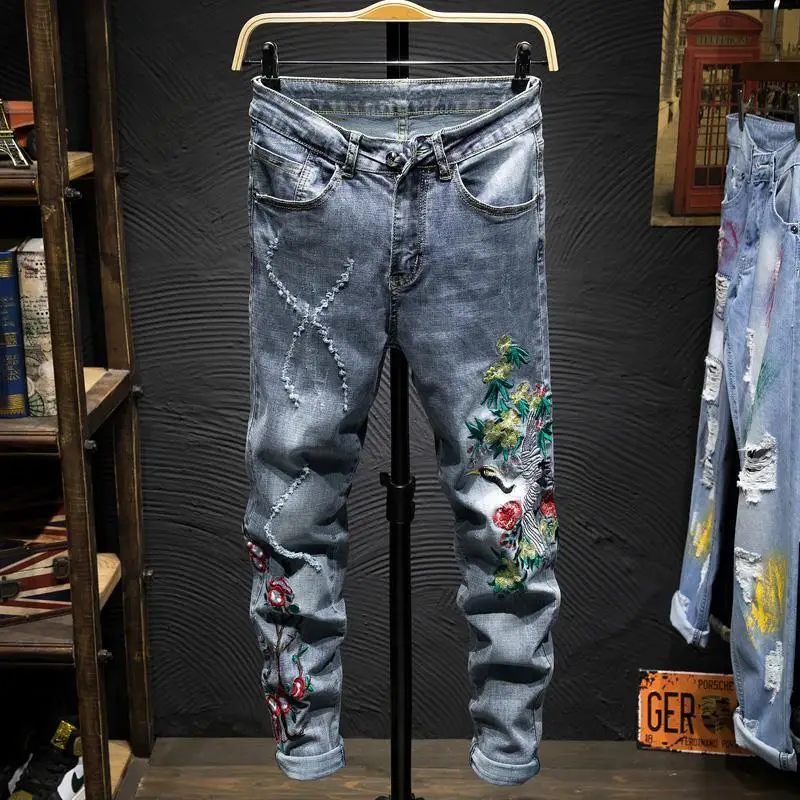 

Summer new style ripped jeans men's self-cultivation stretch feet pants embroidery Chinese style patchwork jeans