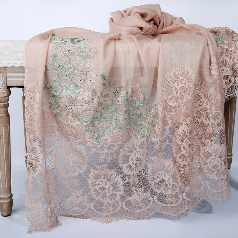 Light Pink Потрясающий Роскошный тонкий шерстяной шарф, шаль высшего класса вышивка кружева зимние шарфы обертывания для женщин дамы 230x70 см - Цвет: Light Pink