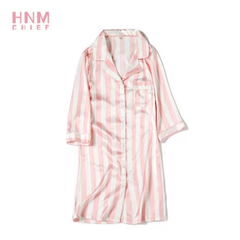 

HNM Pink Stripe Satin Sleepshirts Pajamas Shirts Half Sleeve Sleepwear Silk Nightwear Cute Nightshirts Nightgowns
