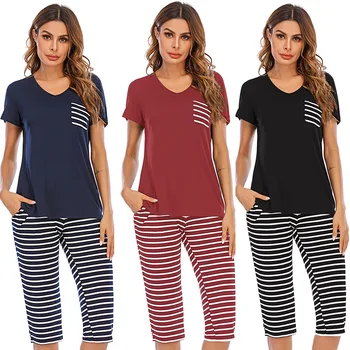 

Hot sale in spring and autumn 2020 striped suit home service casual breathable elastic home service suit Women's Homewear