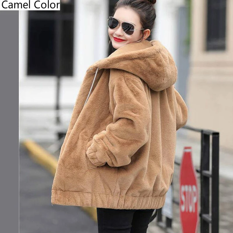 

2019 New Faux Fur Coat With Hood High Waist Fashion Slim Black Red Pink Faux Fur Jacket Fake Rabbit Fur