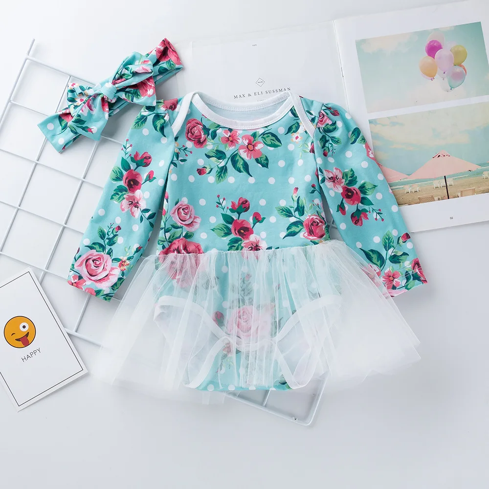 

baby girls floral lace bodysuit princess cotton clothes headband 2pcs mini skirts infant toddler onsie jumpsuit