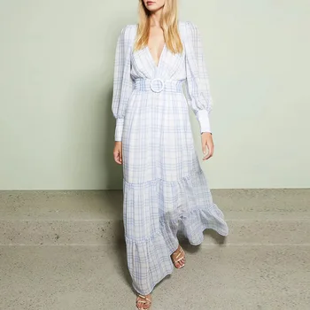 

Elegant Party Dress V-Neck New Women Vintage Lantern Sleeve Long Dress Banquet Summer Sexy Dresses