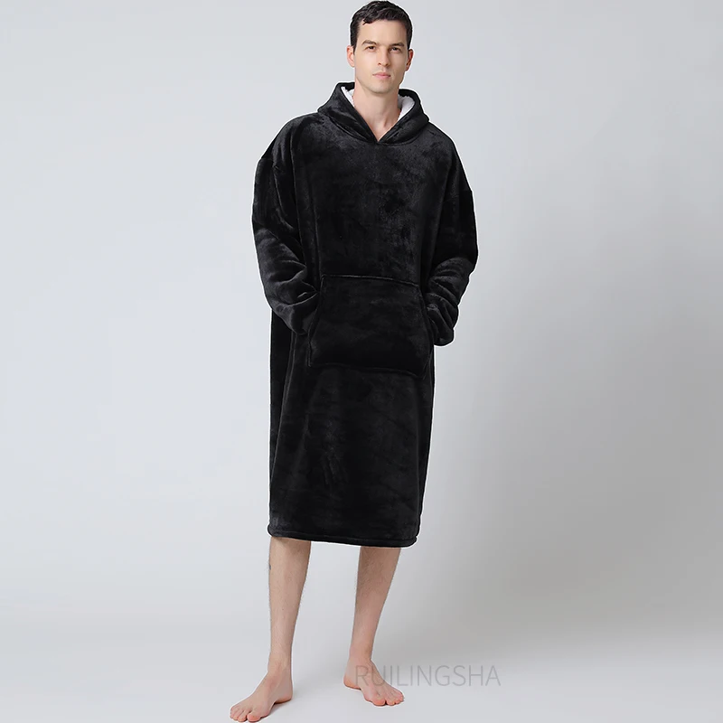 men's cotton pajama pants with pockets Men Winter Hooded Thick Warm Flannel Bathrobe Plus Size Coral Fleece Mens Bath Robe Women TV Pullovers Robes Sleeved Nightgowns silk pajama pants Men's Sleep & Lounge