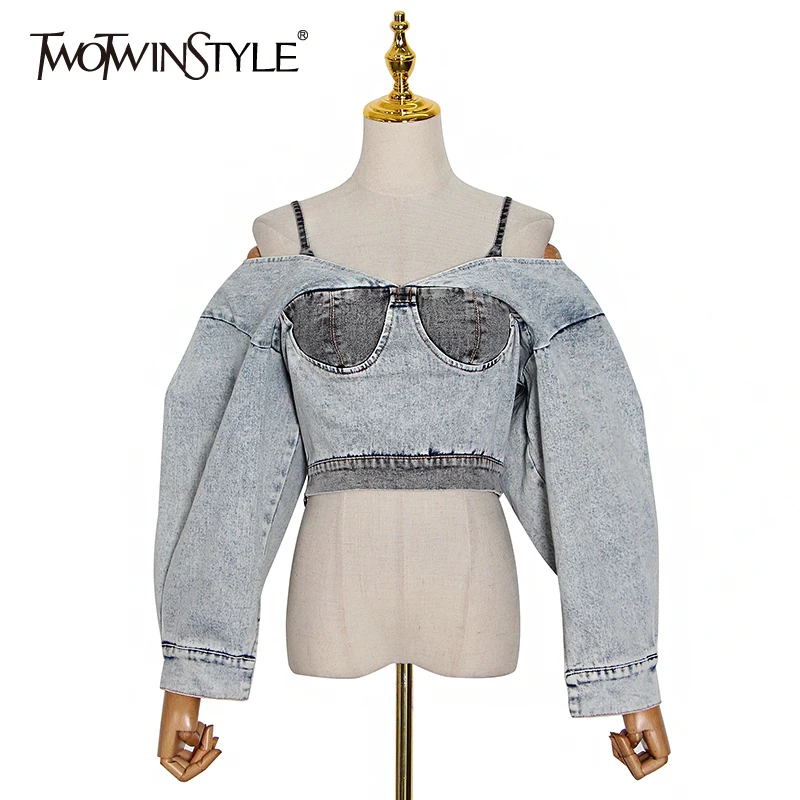 TWOTWINSTYLE Sexy Denim Patchwork Coat For Women Slash Neck Lantern Sleeve Backless Short Tops Female New Clothing 2020 Fall | Женская