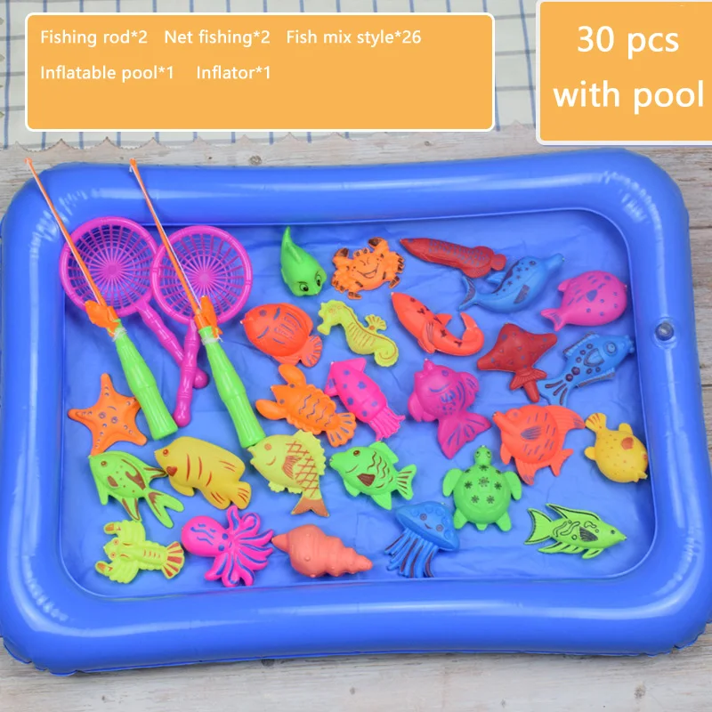 30Pcs Children Magnetic Fishing Toy Playing Water toys Fish Rod Net Set For  Kids Outdoor Game Toy With Inflatable Pool Inflator