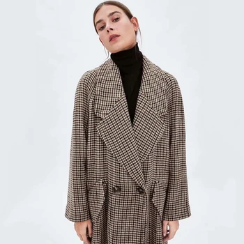 

Lapel No Cap Long Coat Temperament Fashion Tartan Coat Warm Autumn and Winter Street Fashion Simple Long Coat