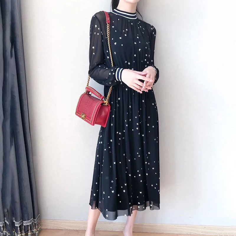 

[DEAT] 2019 Autumn Fashion Trend New Pattern Causal Style Mesh Full Sleeve Long Fairy Temperament Star Women's The Dress AI829