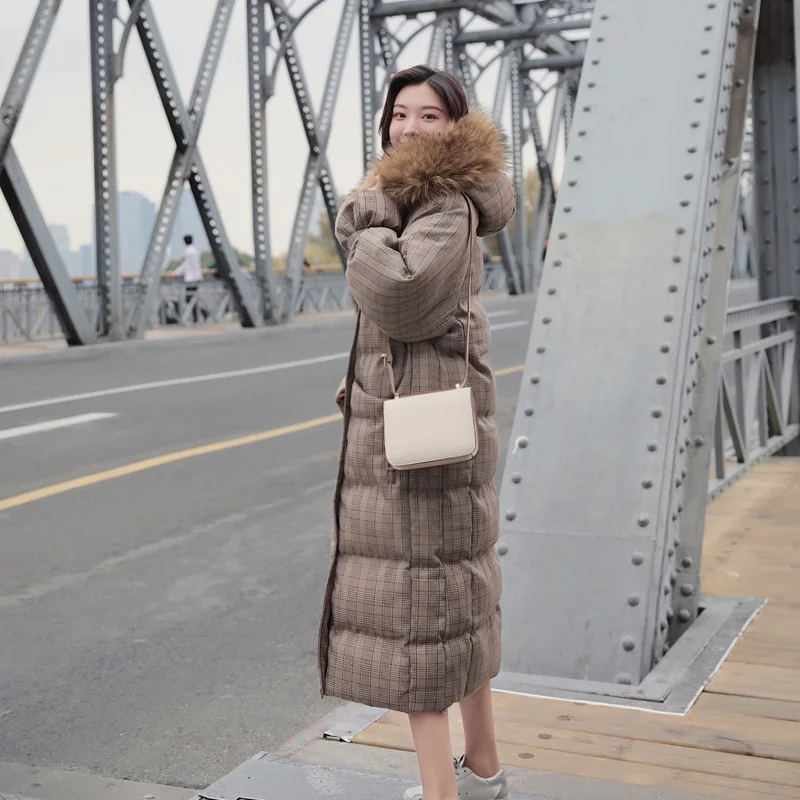 

2018 Winter New Style Long Warm Plaid Hooded Cotton Coat