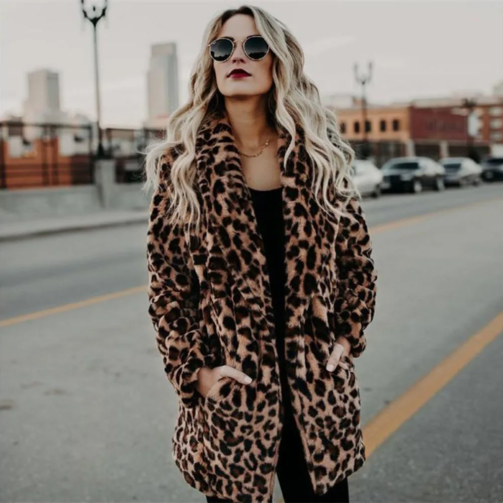 

Ladies Winter Jackets Faux Leopard Fur Coat Women Thick Warm Mid Length Cardigan Parka Casual Outerwear Overcoat Plus Size 4XL