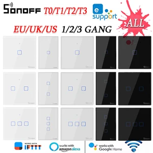 SONOFF-Interruptor táctil inteligente de pared, enchufe con conexión europea, rusa y americana, T1, T2, T3 y T0, entradas 1, 2 y 3, WiFi, TX, uso con aplicación Ewelink, RF433, control táctil y po