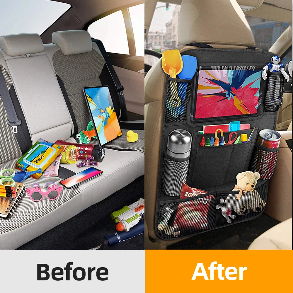 Organizador de asiento trasero de coche con pantalla táctil, soporte para tableta, bolsillos de almacenamiento, cubierta, protectores traseros de asiento de coche para viajes, niños