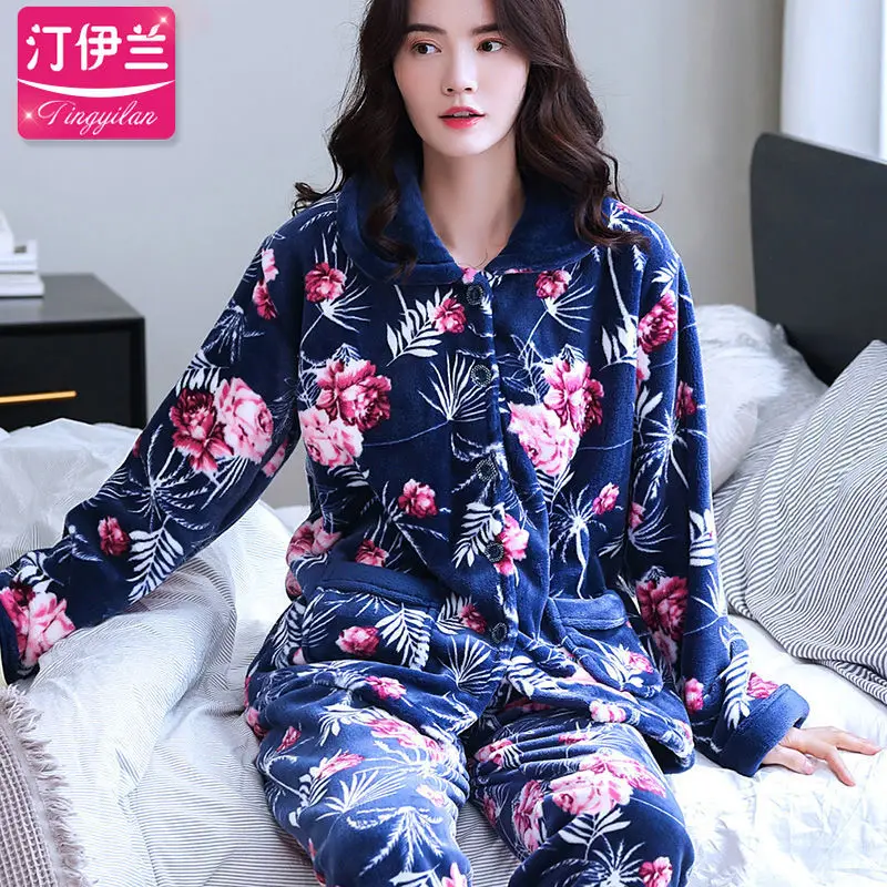 sleepwear women Пижамы женские фланелевые пижамы женские зимние теплые женские пижамы зимняя Пижама Femme домашний костюм женские длинные пижамы XXXL L - Цвет: sleepwear women