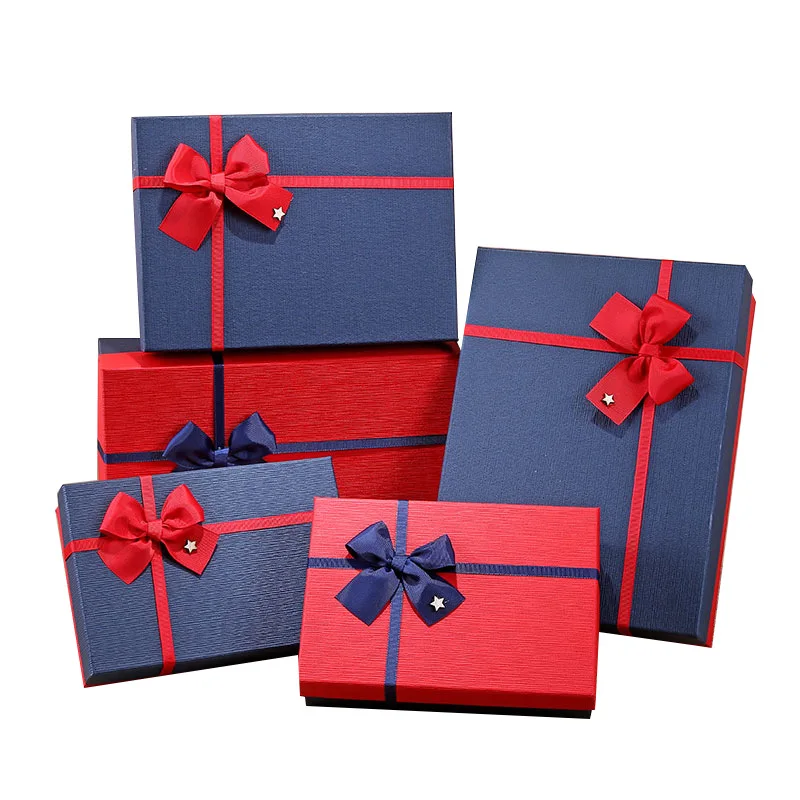 Рождественская синяя красная прямоугольная коробка с бантом, креативная простая Подарочная коробка, коробка для косметики, Подарочная коробка, вечерние принадлежности