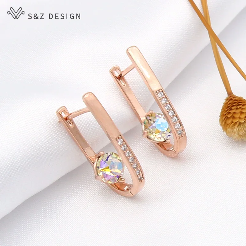 S&Z DESIGN New Trendy 585 Rose Gold Color Cubic Zirconia Crystal Dangle Earrings For Women Girl Wedding Party Jewelry Gift