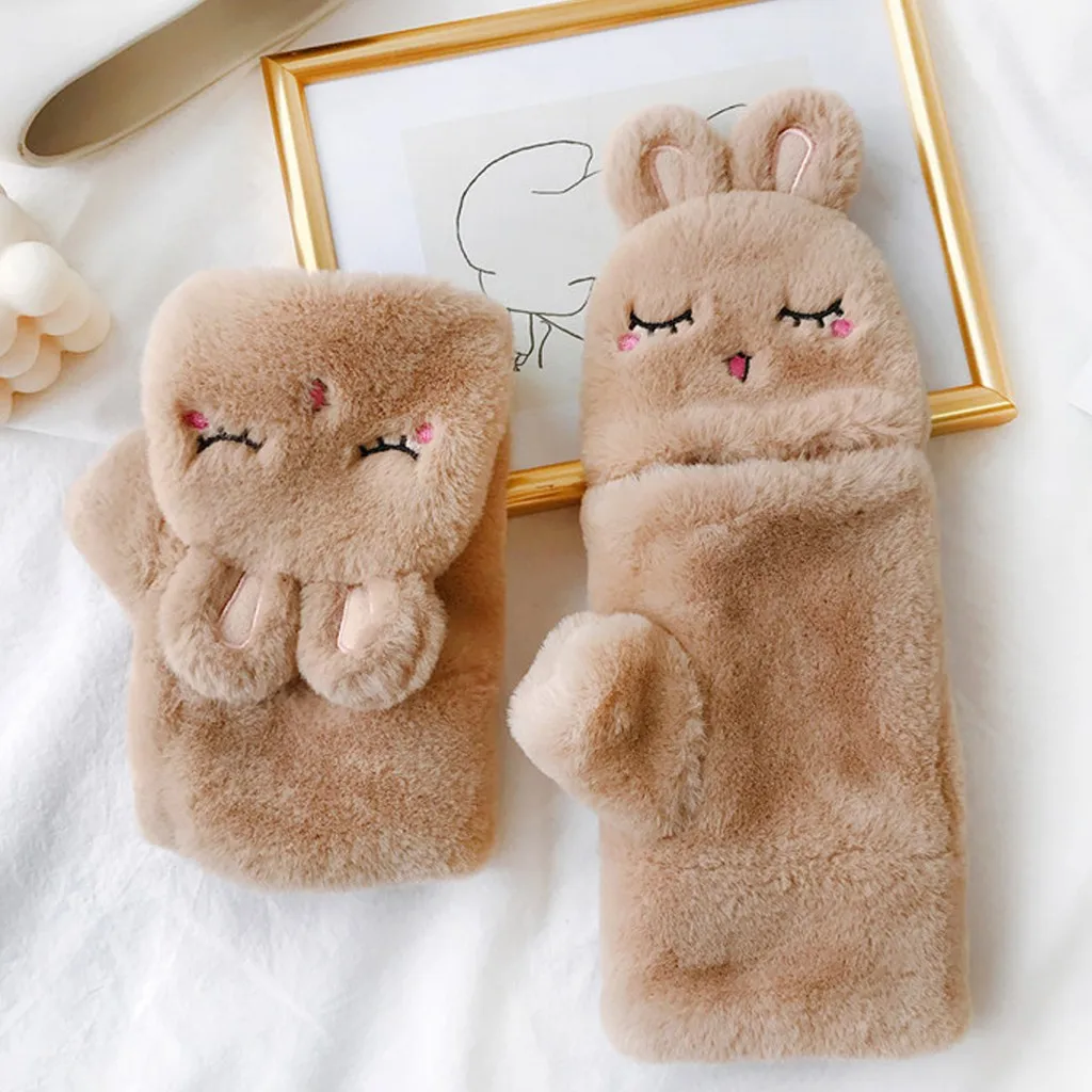 Плюшевые перчатки с кроликом для женщин, девочек, милое симпатичное животное, теплые Утепленные Перчатки Guantes Invierno, женские зимние перчатки