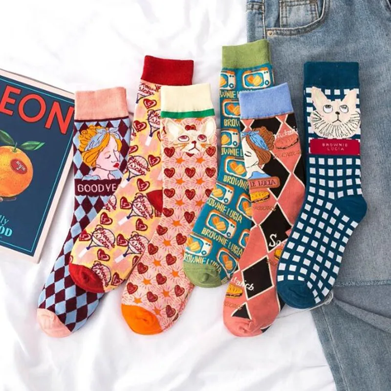 Colorful Women's Socks Summer Cotton Fruits Banana Avocado Lemon Egg Cookie Donuts Food Happy Color Harajuku | Женская одежда