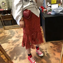 Мне нравится! Необычная Тяжелая кружевная юбка с вышивкой Осенняя юбка-Русалка с эластичной резинкой на талии и оборками миди Jupe Femme Falda Mujer Gonne'll