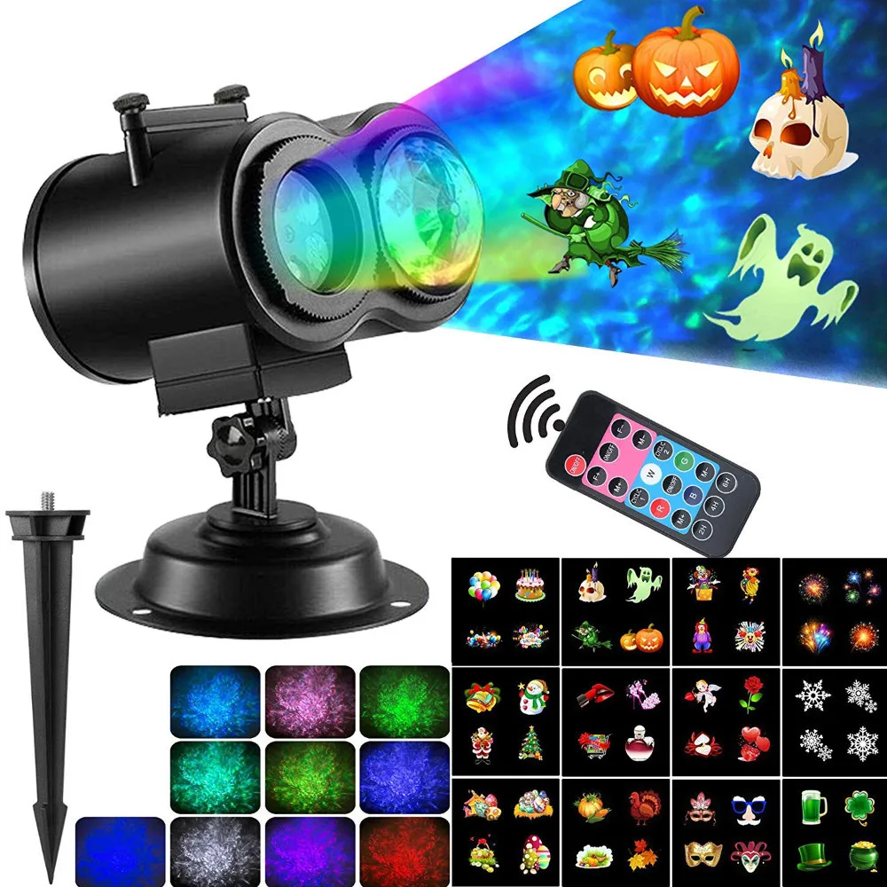

12 Patterns Christmas Snowflake Twin Projection Lamp Outdoor Waterproof LED Halloween RGBW Lights Home Garden Indoor Decoration