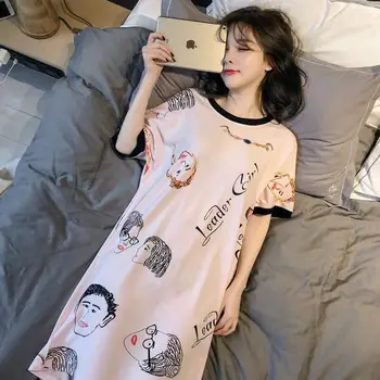 

Women Summer Cotton Nightgowns Short-sleeved Korean Loose Plus Size Nightshirt Female Cartoon Print Night Dress