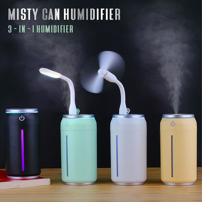 

220ml Mini Can Air Humidifiers Aromatherapy Diffuser With USB Mini Fan LED Colorful Light For Car Home Mist Maker Relieve Dry
