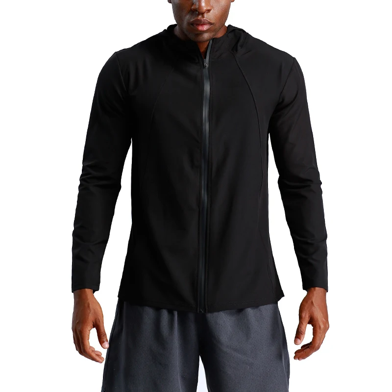

2019 New Men Running Jacket Hooded Zipper Sportswear High Elastic Athleisure Jacket Gym Clothing Fitness Quick Dry Male T-Shirts