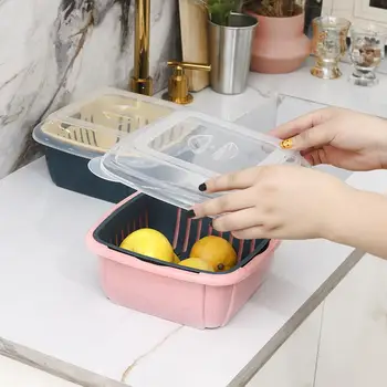 

Food Storage Preservation Box Double Drain Basket Container with Transparent Lid for Kitchen Refrigerator