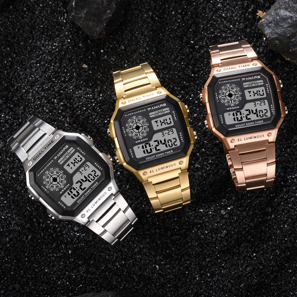 PANARS часы для мужчин спортивные цифровые часы хронограф водонепроницаемые часы из нержавеющей стали бизнес наручные часы Мужские часы Relogio Masculino