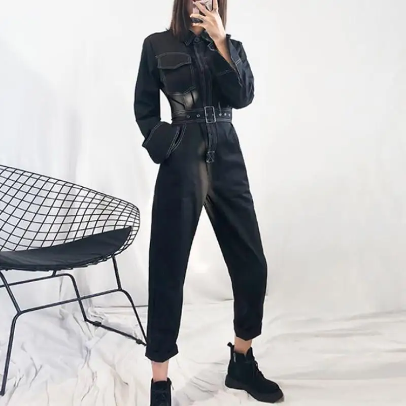 Fall Women Casual Long Sleeve Cargo Jumpsuit Streetwear Long Sleeve Sashes Rompers Ladies Solid Pockets Overalls
