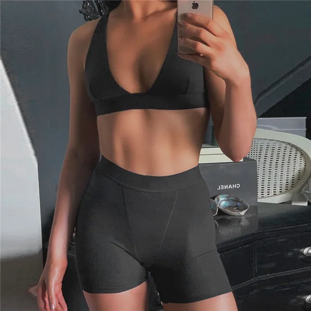 2PCS/Set Sexy Women Sleeveless Strap Bra Bustiers Tank Vest Crop Tops High Waist Shorts Pants Trousers Tracksuit Summer 2021 4