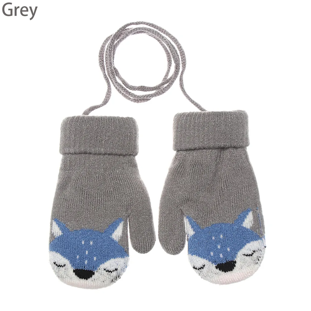 0-3 Years Cute Cartoon Fox Baby Gloves Winter Knit Wool Newborn Mittens Velvet Thick Children's Kid Keep Finger Warm Accessories - Цвет: grey