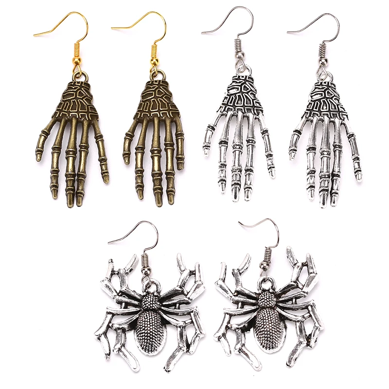 Punk Metal Earring Halloween Day Vintage Carved Bone Skull Skeleton Hands Spider Earrings Big Punk Men Women Ear Jewelry