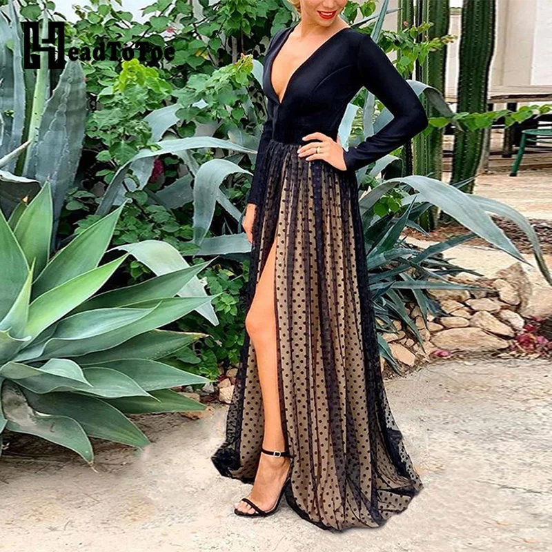 

Sexy Deep V Mesh Maxi Dress Women Long Sleeve Slim Fit Evening Party Long Dresses Vestidos De Fiesta