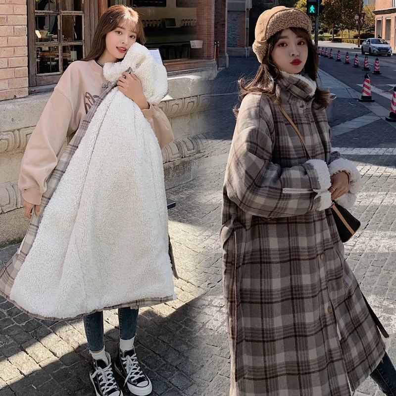 

Photo Shoot Mid-length Plaid Cotton-padded Clothes 2019 New Style Korean-style Loose-Fit plus Velvet Parka Lambs Wool Cotton Coa