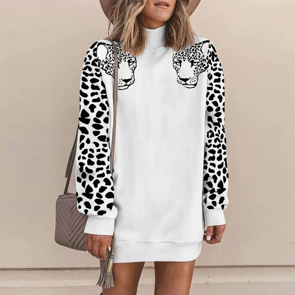 

Autumn and Winter Leopard Print Oversized Pullover Dress Women's Harajuku High Neck Loose Long Sweatshirt Women Leisure Sports