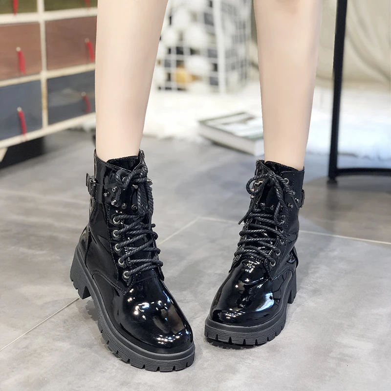 White Western Boots Cowboy Boots Women New Lace Up Leather Boots Black Ankle Boots Women Fashion Punk Combat Boots Platform