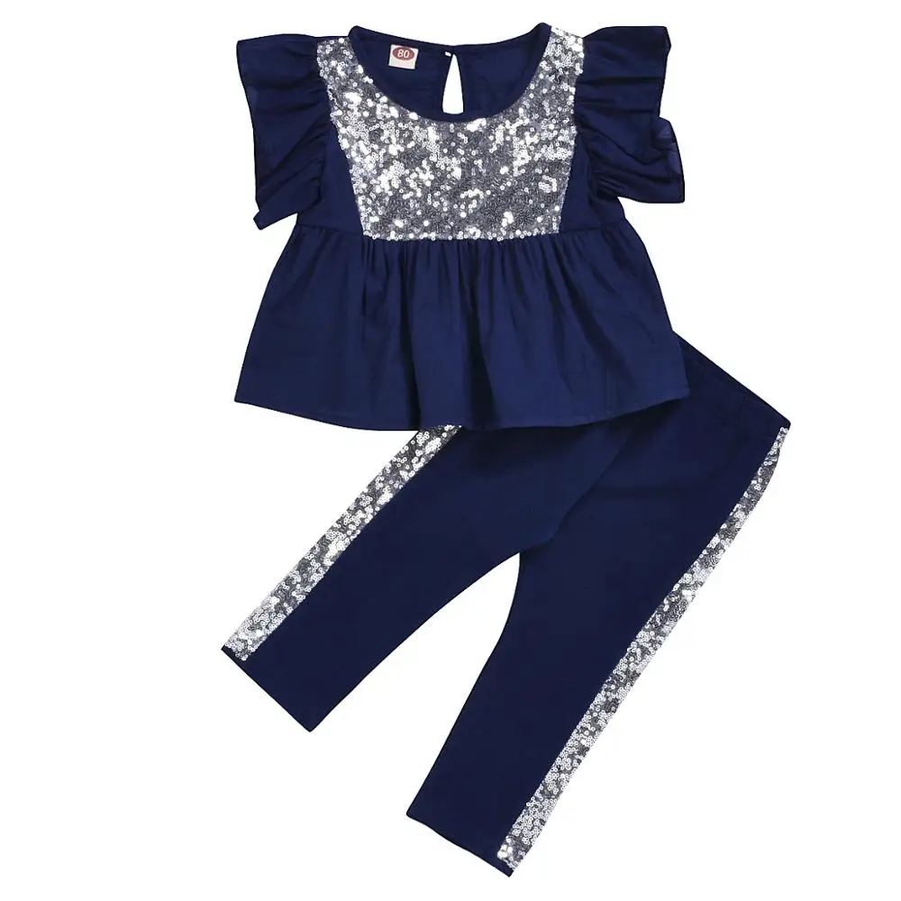 

1-6T Toddler Baby Girls Clothes Kids Flying Sleeve Solid Color Sequin Tops + Pants Two-Piece Set Children Cotton Lovely Outfits