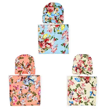 

2 Pcs/set Baby Swaddle Wrap Children Bow-knot Cap Newborn Print Blanket Hat Maternal and Child Supplies