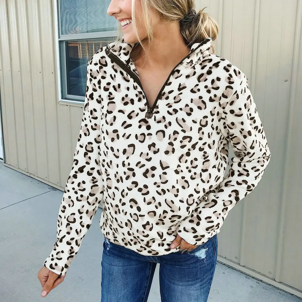 

Leopard Zipper Plush Thin Pullover Autumn Long Sleeve Warm Soft Mujer Moda Feminina 2020 Fashion Streetwear Women Top Casual