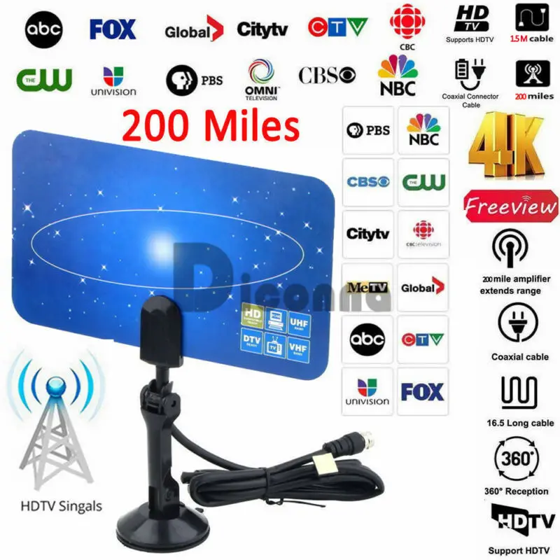 Цифровая комнатная ТВ-антенна с диапазоном 200 миль HD TV D VHF UHF плоский дизайн