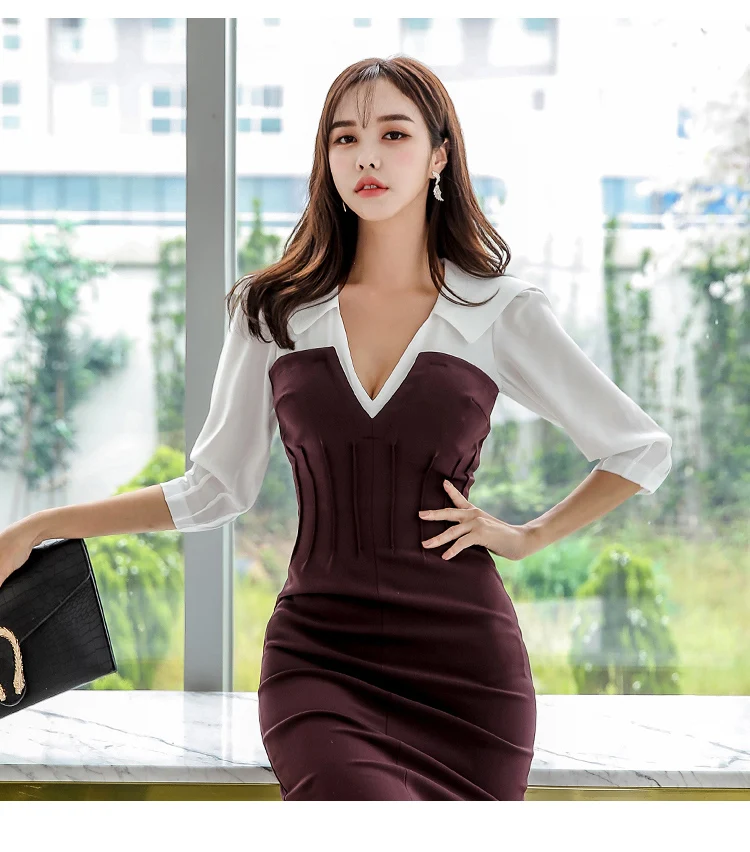 Autumn New Women Elegant V-neck Patchwork Bodycon Midi Long Formal Party Dress Night Club Winter Spring