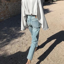 Classic Women Jeans Asymmetrically Cut Vintage Straight  Original Denim Washed Jeans Cropped Rinse Straight Jeans Twisted Seam
