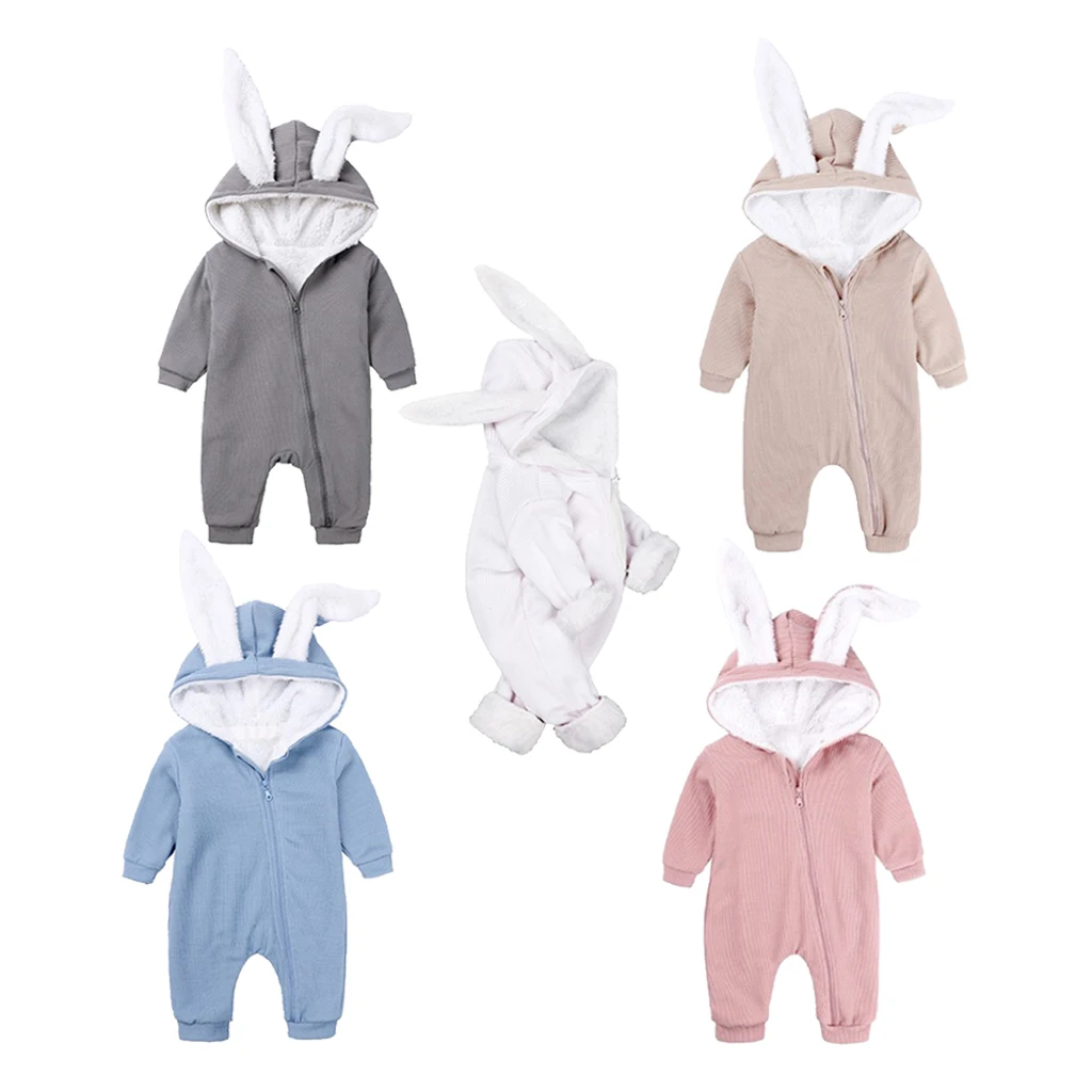 Newborn Baby Cartoon Long Ear Rabbit Jumpsuits Snowsuit Warm Fleece Hooded Romper, Sizes and Styles Selectable