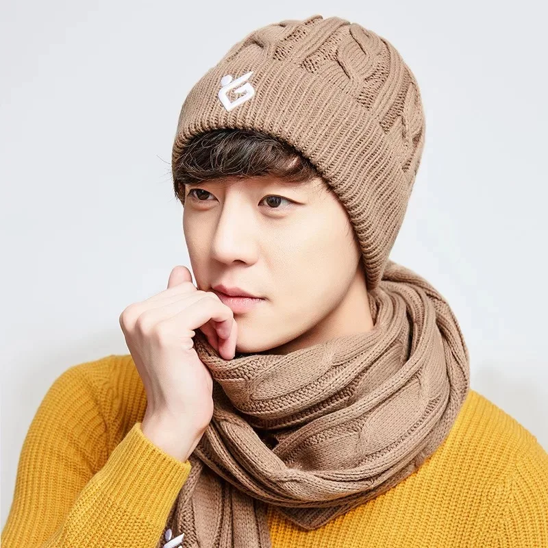 

Hat Scarf Two-Piece Set Electric Motorcycle Men Winter Warm Windproof Hat Thick plus Velvet Knitted Earmuffs Hat