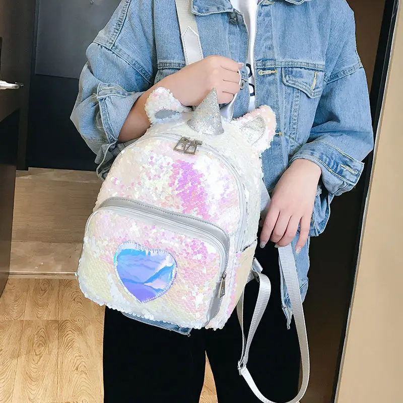 

Designer Heart Glitter Bag for Girls Lovely Cartoon Backpack Female School Satchel Women's Sequin Schoolbag for Teenager