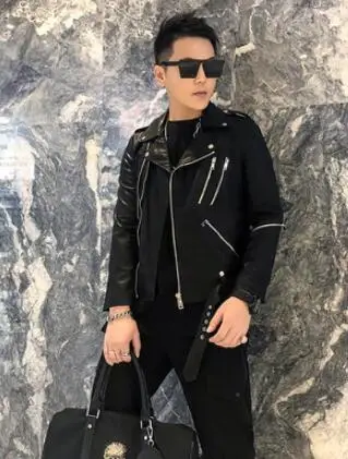 M-3XL новая мужская одежда, индивидуальная Корейская мотоциклетная куртка из искусственной кожи на молнии размера плюс, костюмы певицы