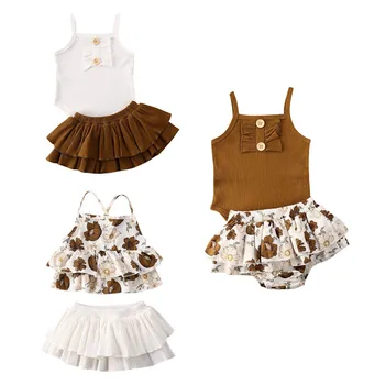 

2020 Boho 6-24M Infant Baby Clothes Knitted Solid Sleeveless Bodysuit/Floral Vest+Flower Skirt Short/Tutu Dress Summer 2Pcs Set