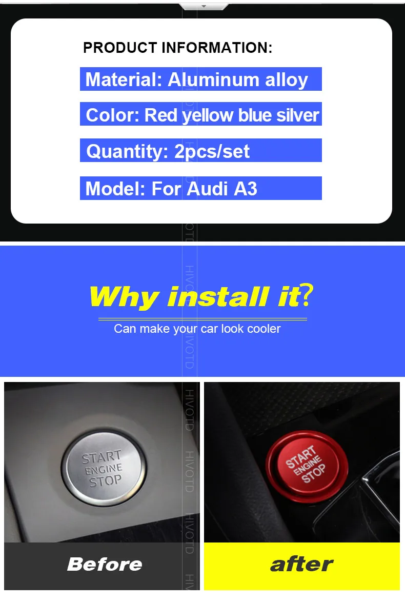 Hivotd для Audi A3, аксессуары, зажигание двигателя, пусковой стоп-переключатель, кнопочное кольцо, крышка, декоративная наклейка, автомобильный стиль,автотовары аксессуары для авто